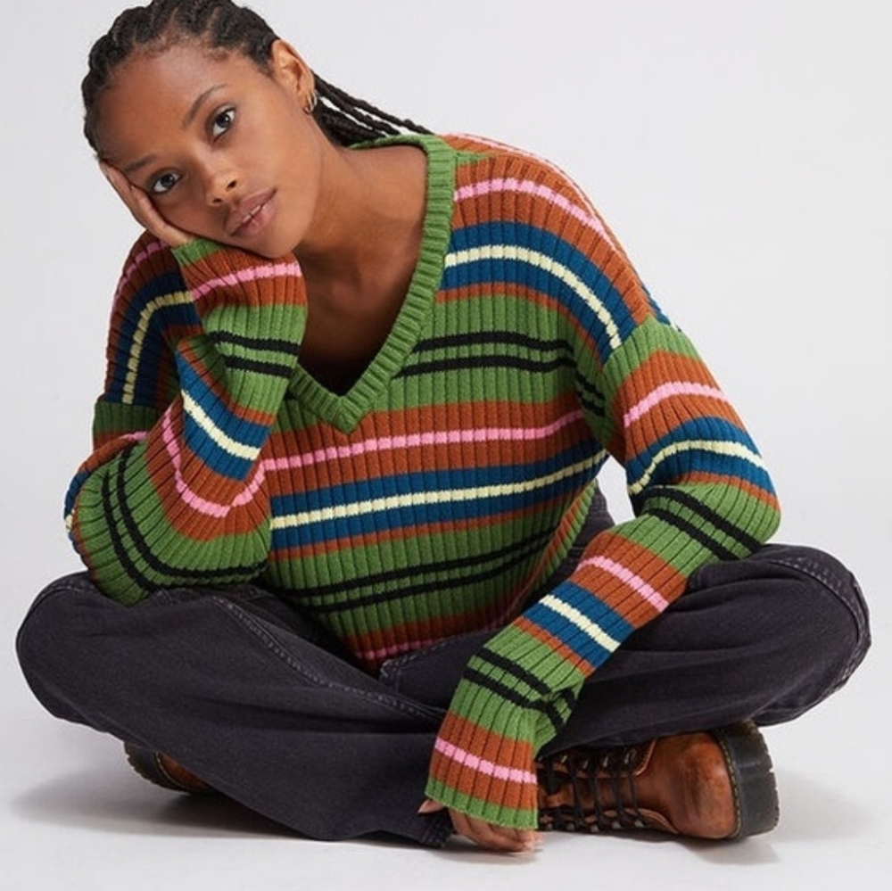 Pacsun La Hearts Cropped Striped Multicolor V-Neck Sweater Cotton Ribbed Retro
